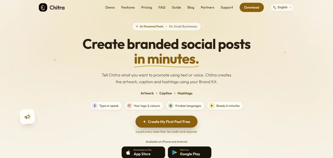 Chitra home page: create branded social posts in minutes, with artwork, caption and hashtags from text or voice