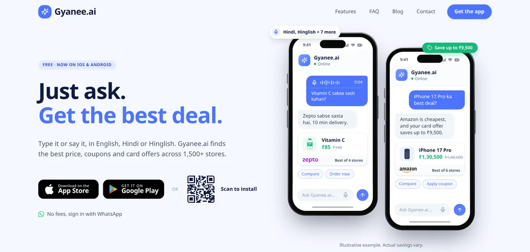 Gyanee.ai home page: Just ask, get the best deal, with two phones showing a Hindi voice question and a price comparison