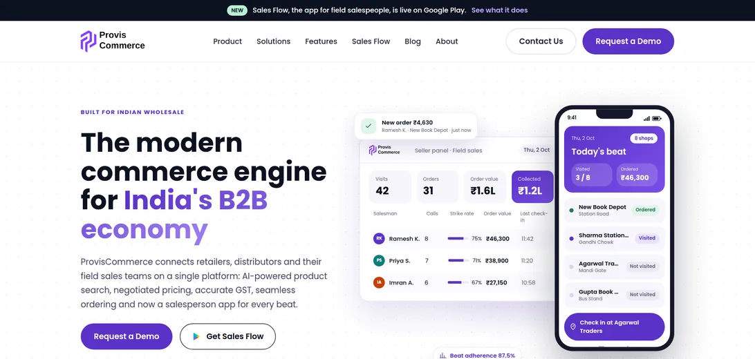 ProvisCommerce home page: the modern commerce engine for India's B2B economy, with a seller panel and the salesperson app