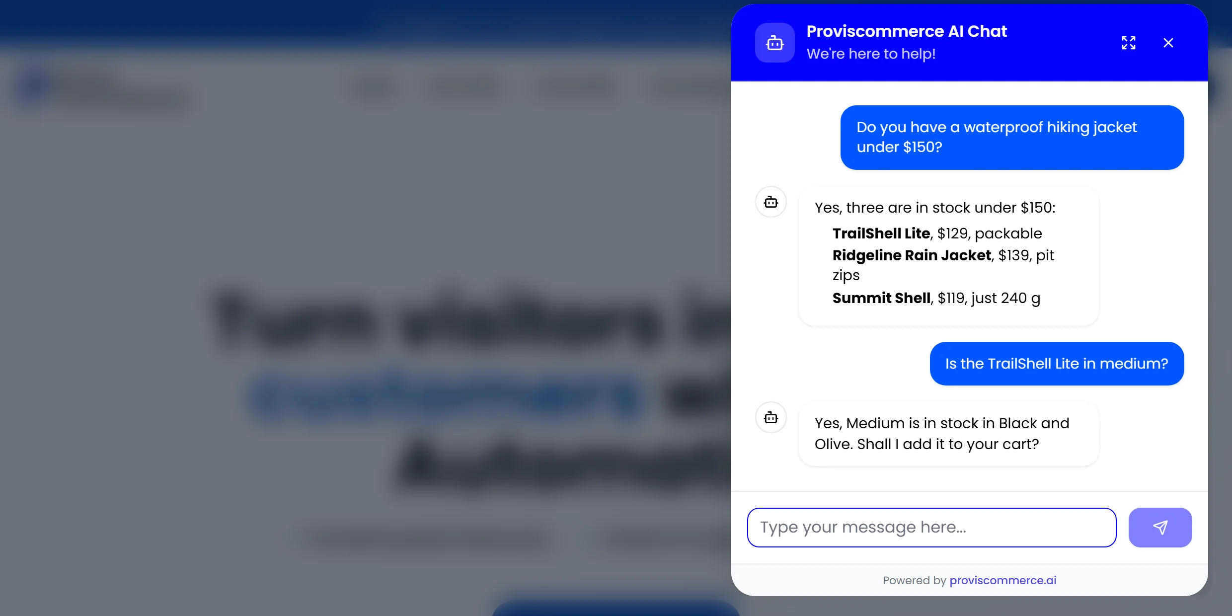 ProvisCommerce's chat window answering a shopper's question about waterproof jackets