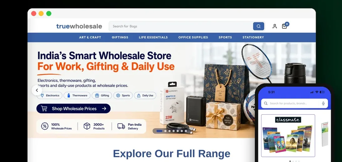 TrueWholesale's web store and retailer app