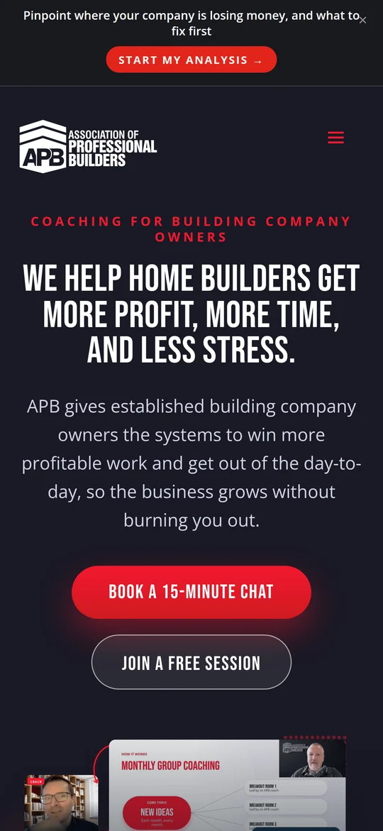The Association of Professional Builders home page on a phone: the coaching headline and the Book a 15-minute chat button