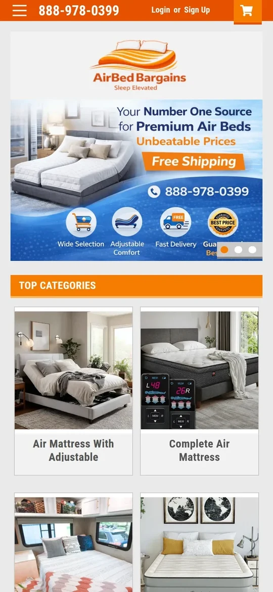 The Air Bed Bargains home page on a phone: the banner with free shipping and the best price guarantee