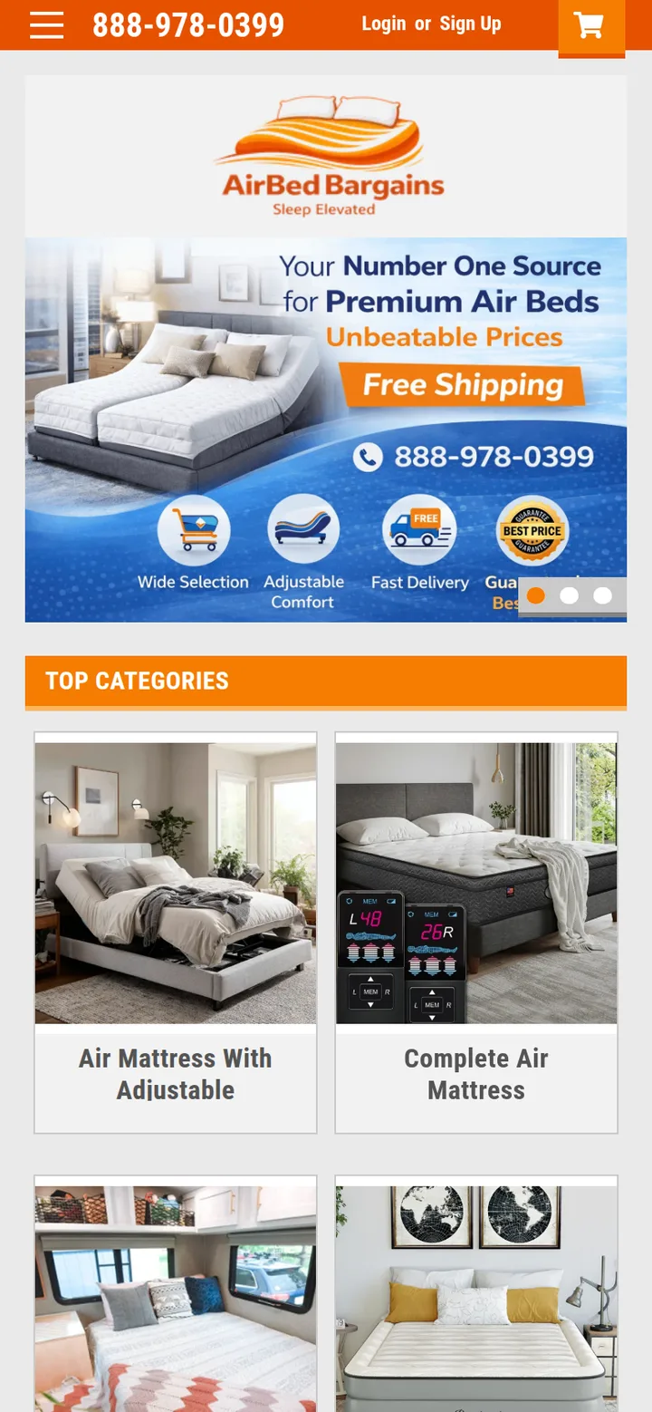 The store home page on a phone: the banner with free shipping, the phone number and the best price guarantee