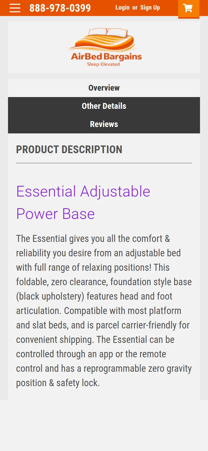 The Essential Adjustable Power Base product page, with its description
