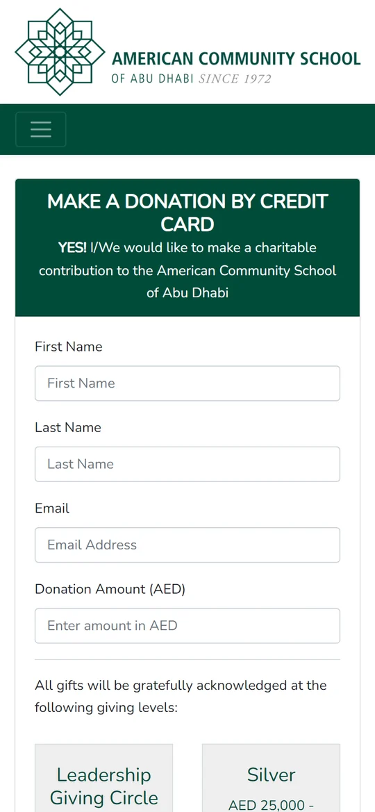 The ACS donation form on a phone: name, email and the donation amount in AED