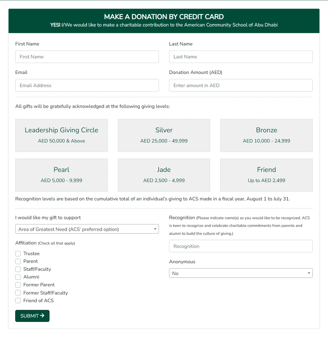The donation form: amount in AED, giving levels from Friend to Leadership Giving Circle, what the gift supports, recognition and an anonymous option