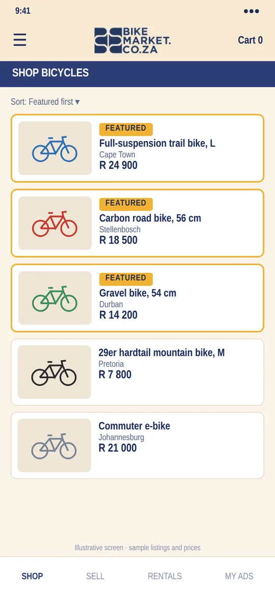 An illustrative Shop bicycles list on a phone: featured ads first, with sample listings and prices