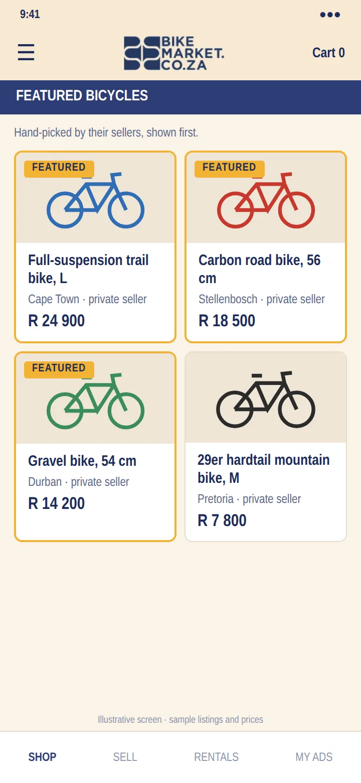 Illustrative featured bicycles: four ads in a grid, three with a Featured label, with sample prices