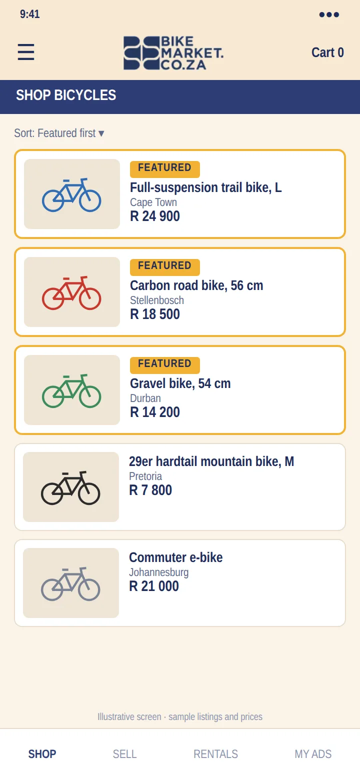 An illustrative Shop bicycles list sorted featured first, with sample listings and prices