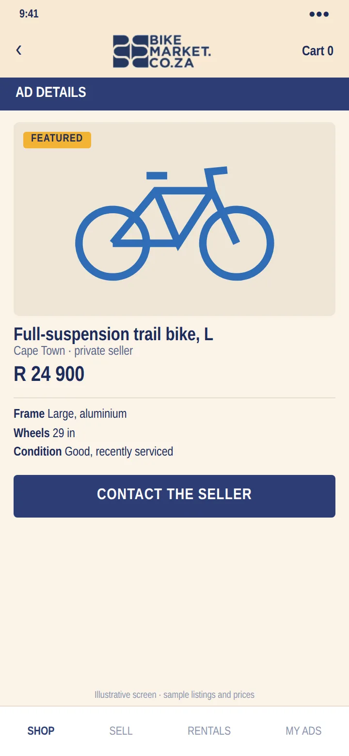 An illustrative featured ad: the bicycle, its price and details, and a Contact the seller button