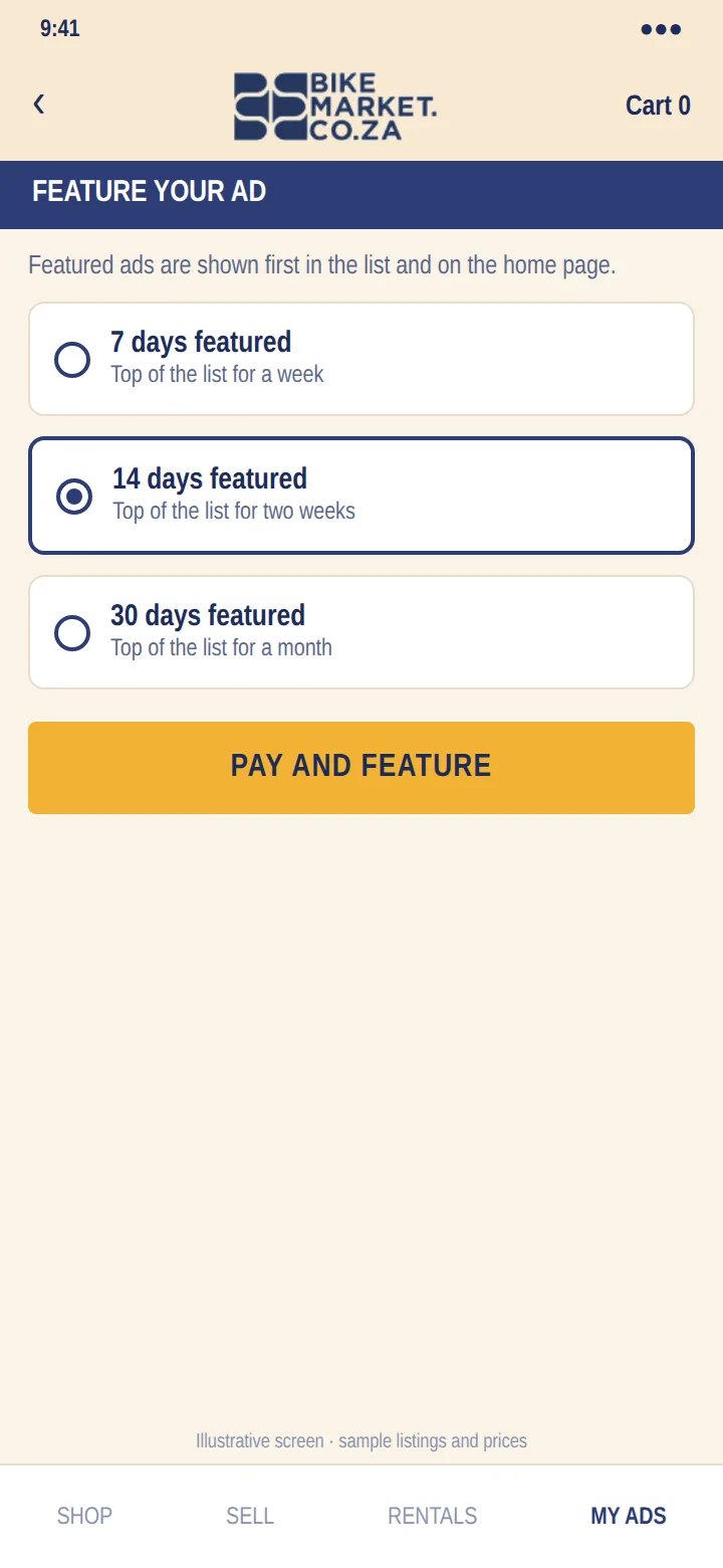 An illustrative Feature your ad screen: 7, 14 or 30 days featured, and a Pay and feature button