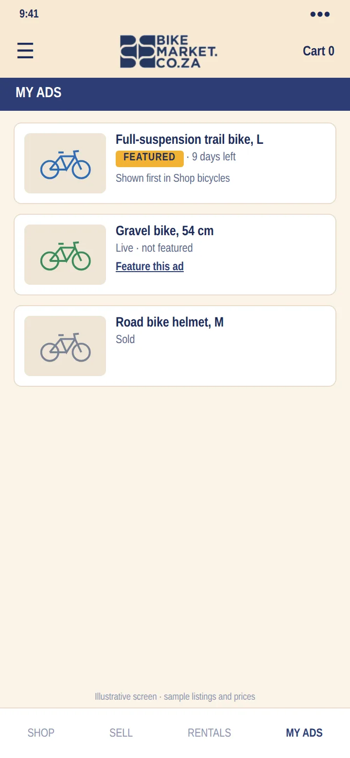An illustrative My ads screen: one ad featured with days left, one live with a Feature this ad link, and one sold