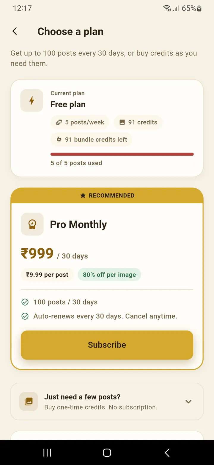 The Choose a plan screen: the free plan with 5 posts a week, and the Pro Monthly plan of 100 posts every 30 days