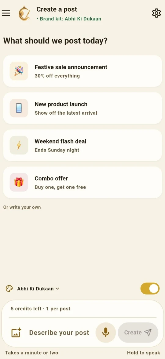 The Chitra app Create a post screen: post ideas such as a festive sale and a weekend flash deal, credits left, and a box to describe the post or hold to speak