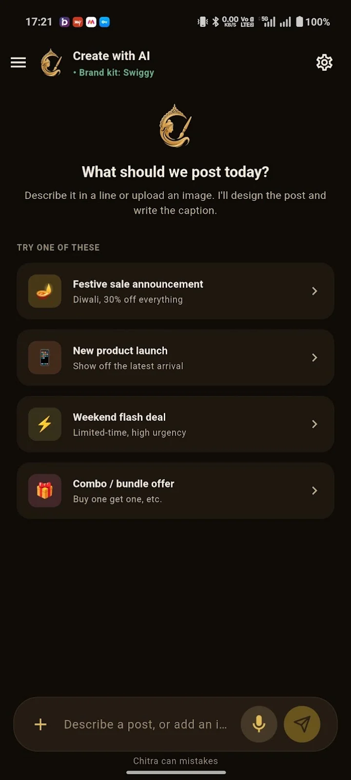 The Chitra app home screen in dark mode: Create with AI, post ideas such as a festive sale announcement, and a box to type or speak