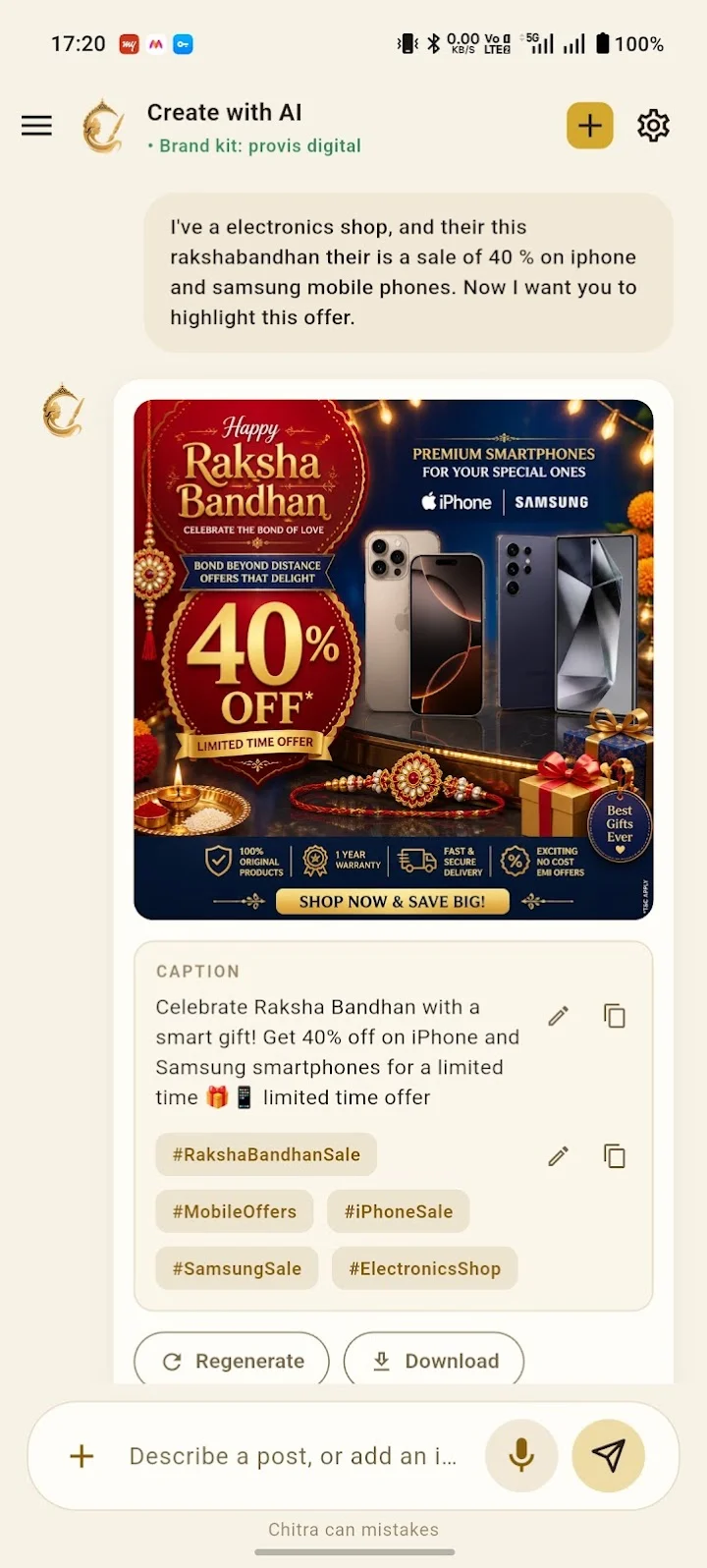 A finished Raksha Bandhan post in the Chitra app: the artwork, a caption and hashtags, with Regenerate and Download