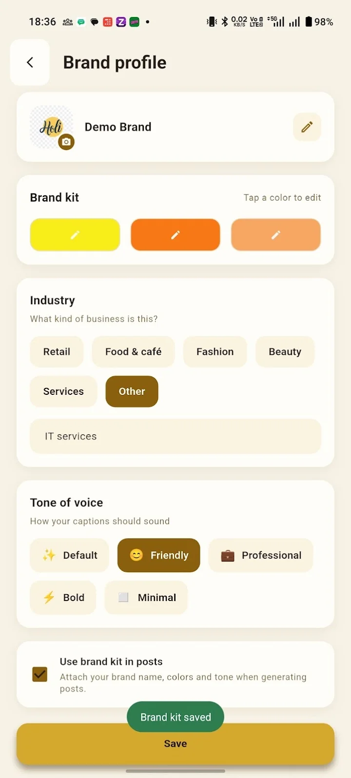 The Brand profile screen: the brand kit colours, the industry and the tone of voice