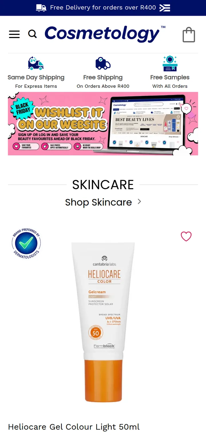 The store home page on a phone: the value props, a banner and the skincare row
