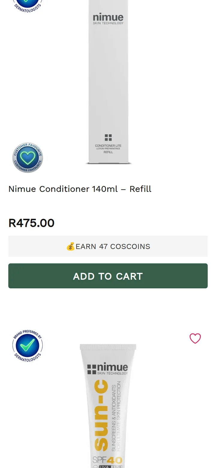The home page scrolled: product cards with the price, the CosCoins earned and an add to cart button
