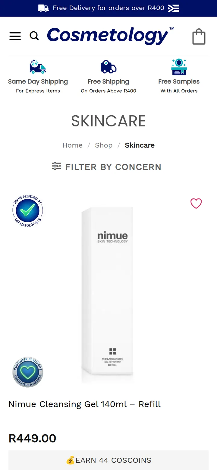 The Skincare category page, with a Filter by concern option