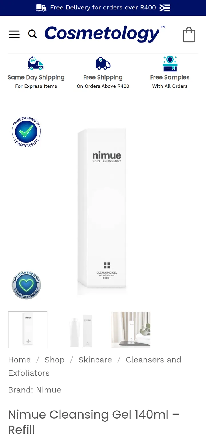 A cleansing gel product page, with its gallery and brand
