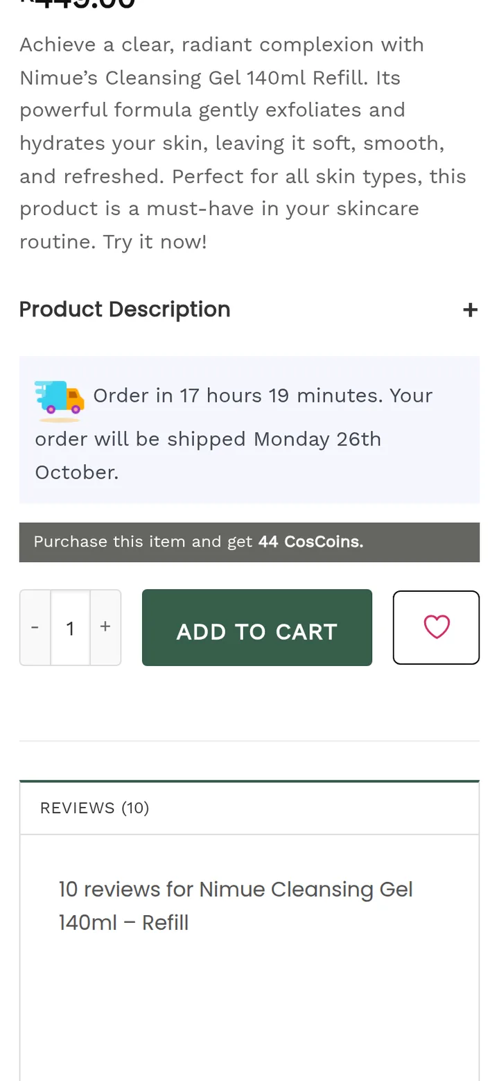 The product details: the shipping cut-off timer, the CosCoins earned, add to cart and the description
