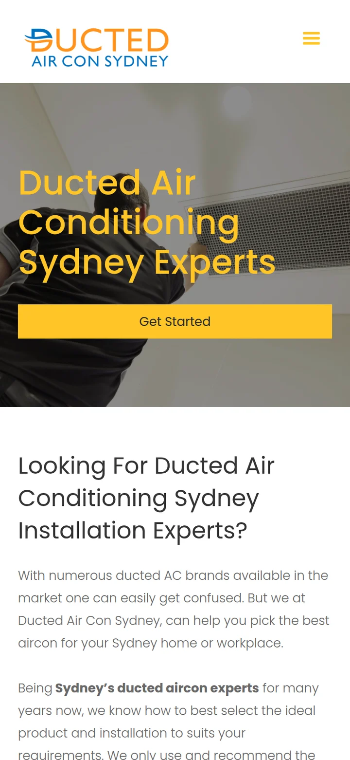 The home page on a phone: Ducted Air Conditioning Sydney Experts, with a Get Started button