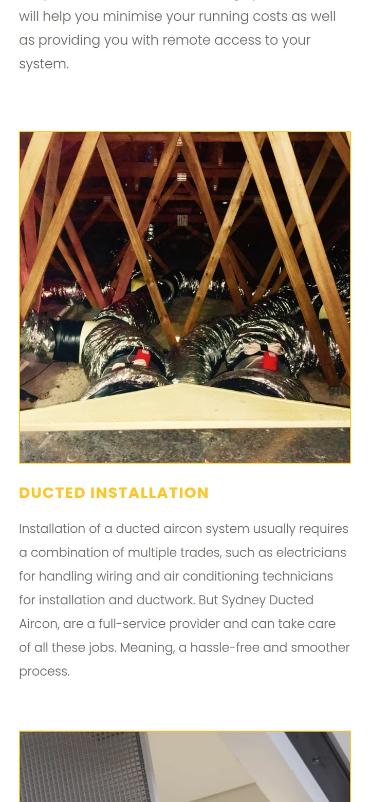 The Ducted Installation section: a photo of ducting in a roof space and a short description