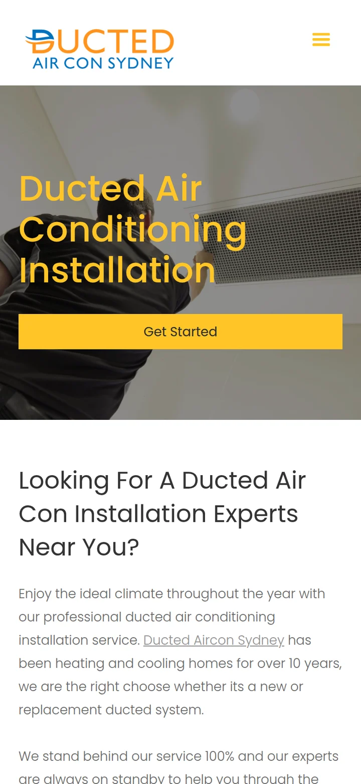 The installation page: Ducted Air Conditioning Installation, with a Get Started button and an introduction