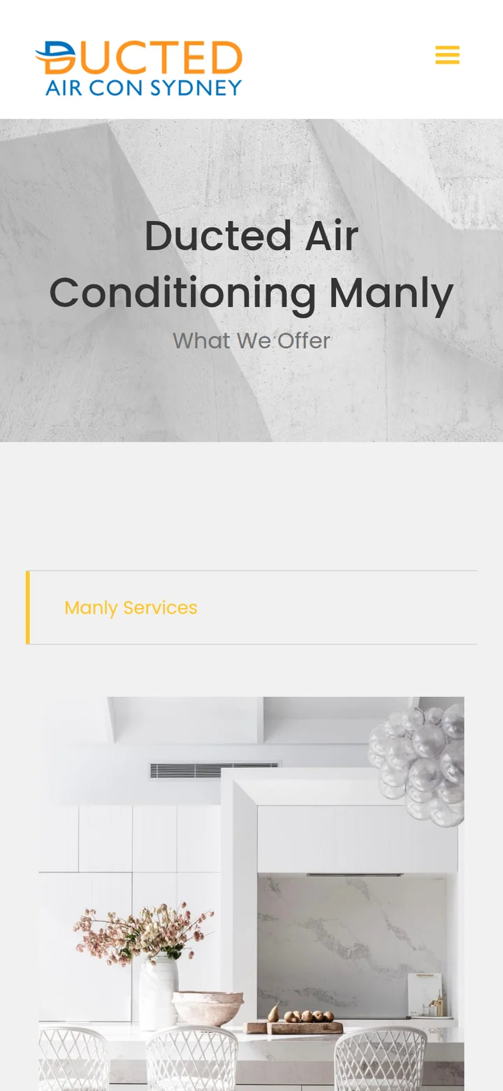 A suburb page: Ducted Air Conditioning Manly, with its Manly Services heading and a photo