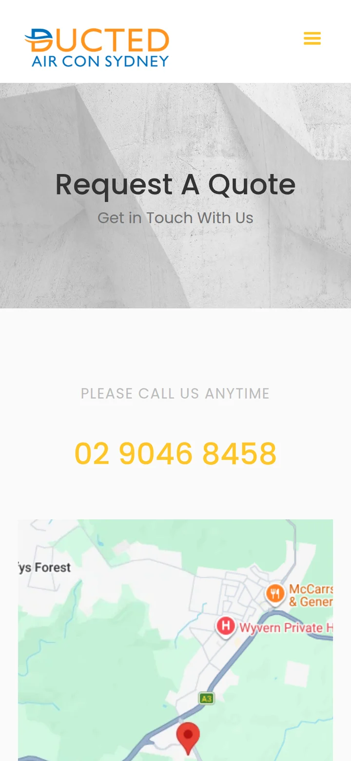 The Request A Quote page: the phone number to call and a map