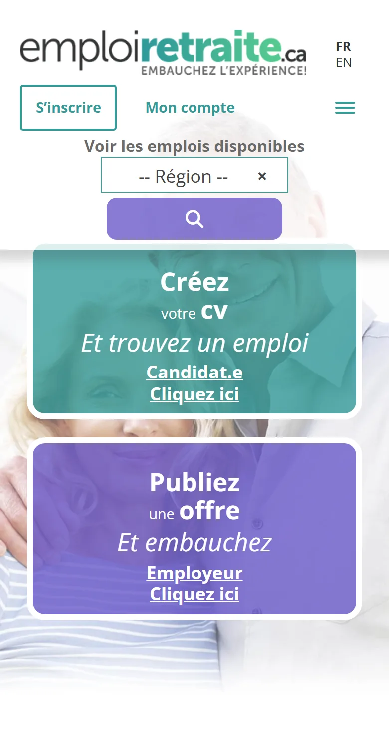 The Emploi Retraite home page on a phone: the candidate and employer doors one above the other