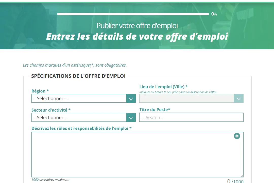 The employer's post-an-offer form: region, city, sector, job title and a description of the role