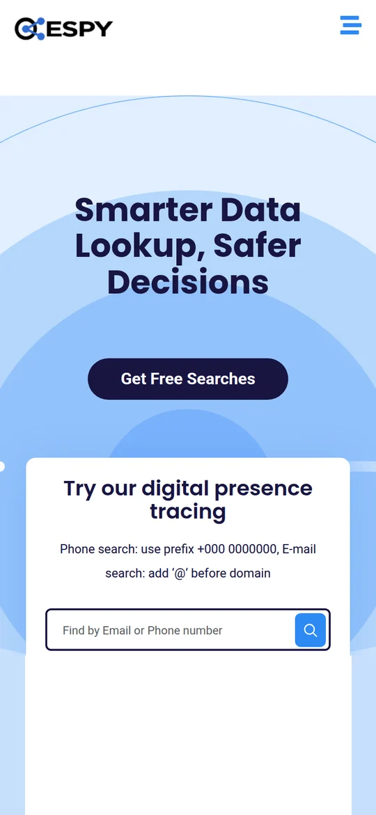 The Espy home page on a phone: Smarter Data Lookup, Safer Decisions, with the Get Free Searches button and the search box