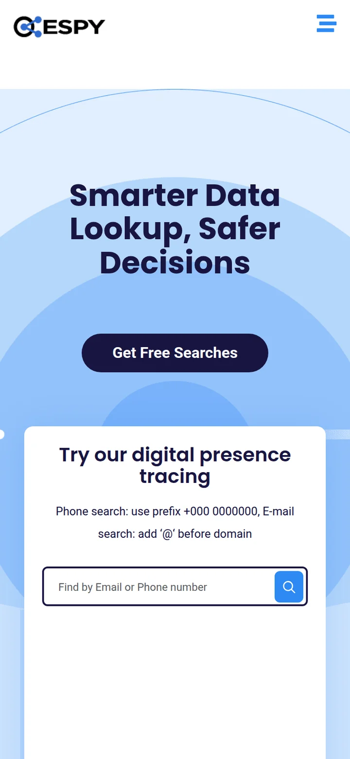 The Espy home page on a phone: Smarter Data Lookup, Safer Decisions, with a Get Free Searches button and a box to find by email or phone number