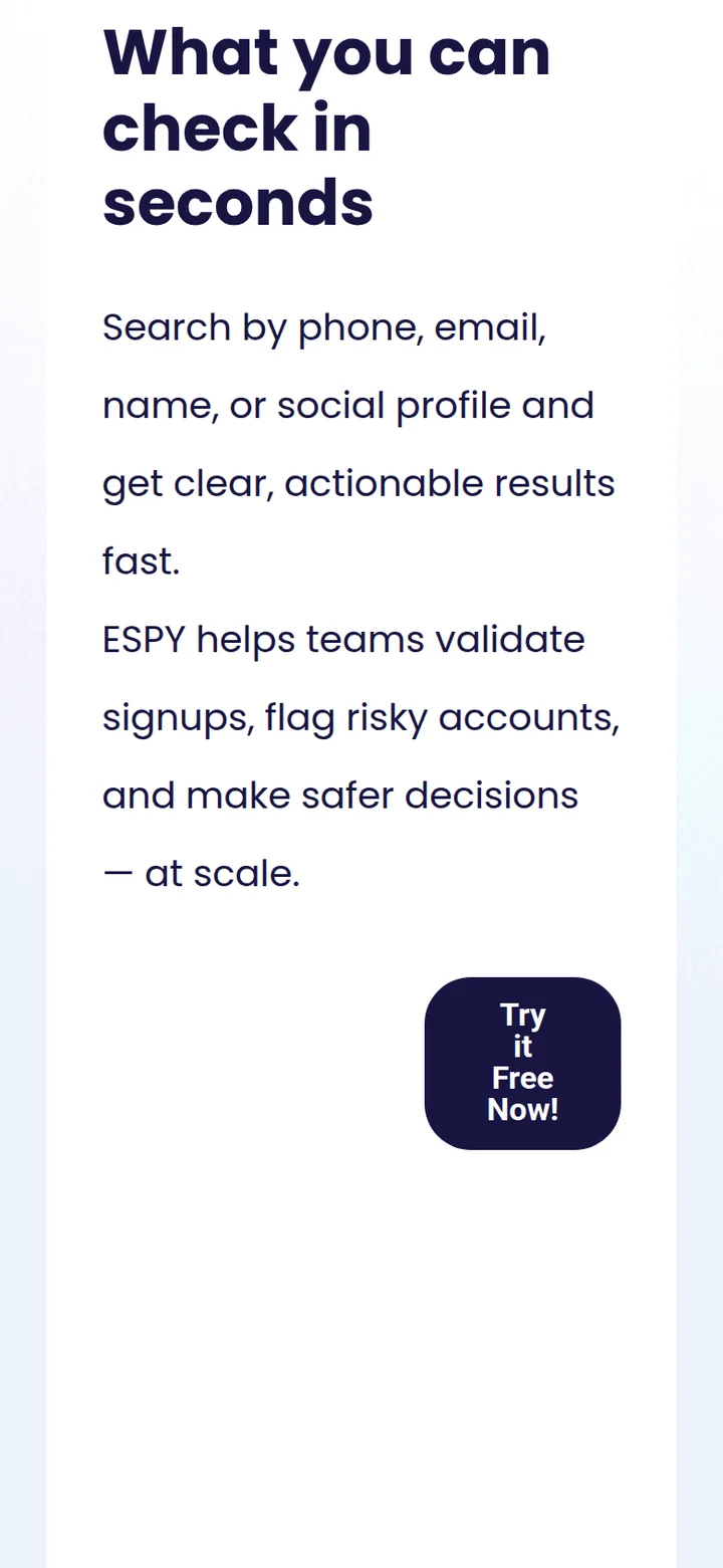 The Espy home page scrolled: what you can check in seconds, and a Try it Free Now button