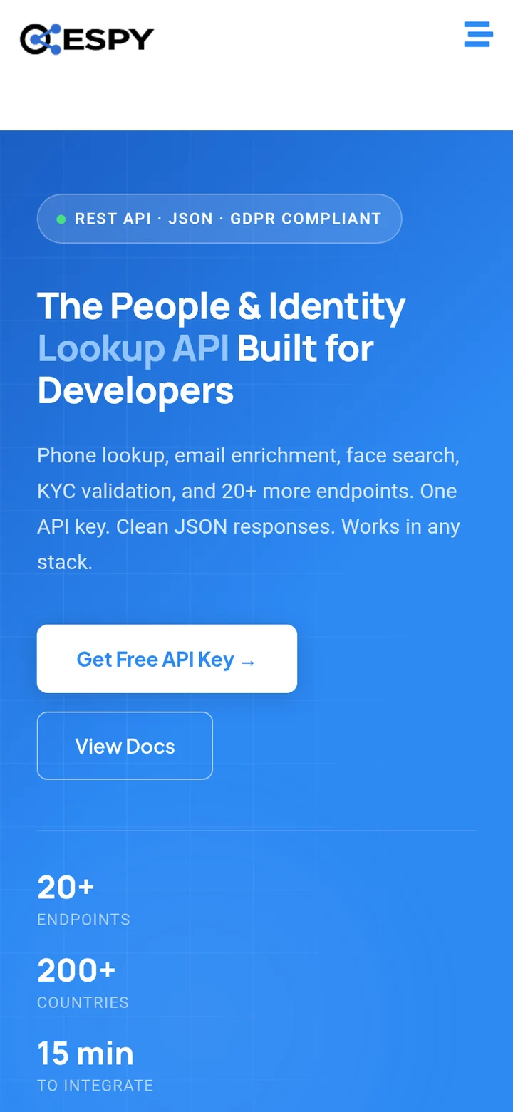 The Espy developer section: The People and Identity Lookup API Built for Developers, with 20+ endpoints, 200+ countries and 15 minutes to integrate
