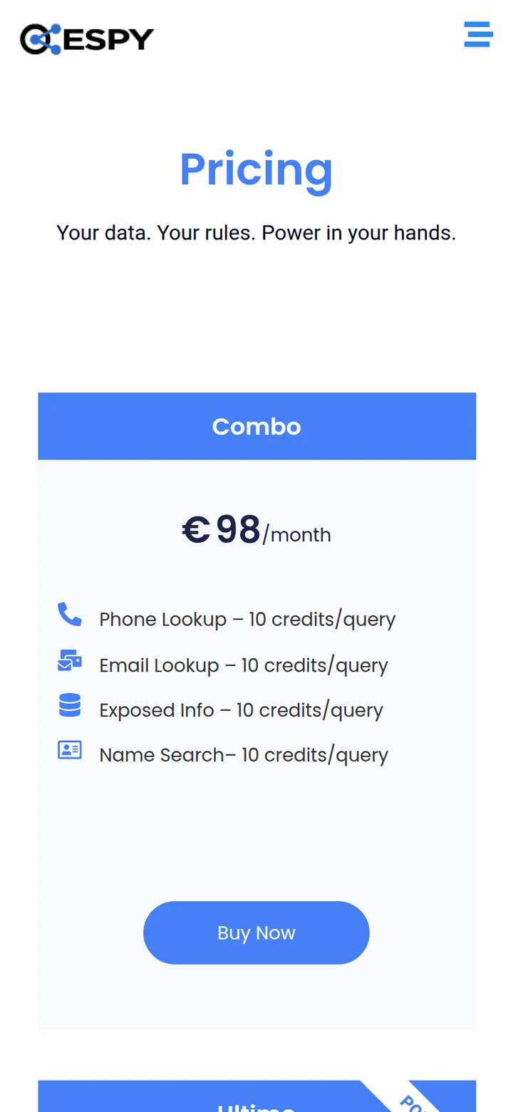 The Espy pricing section: the Combo plan at 98 euros a month with its list of lookups and a Buy Now button