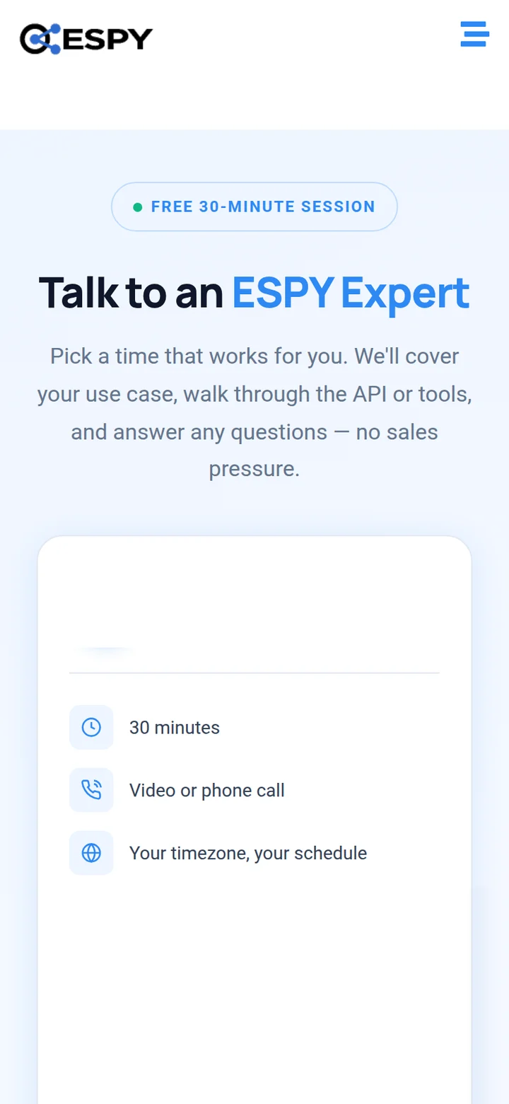 The Talk to an Espy Expert section: a free 30 minute session with an expert, to cover your use case and answer questions