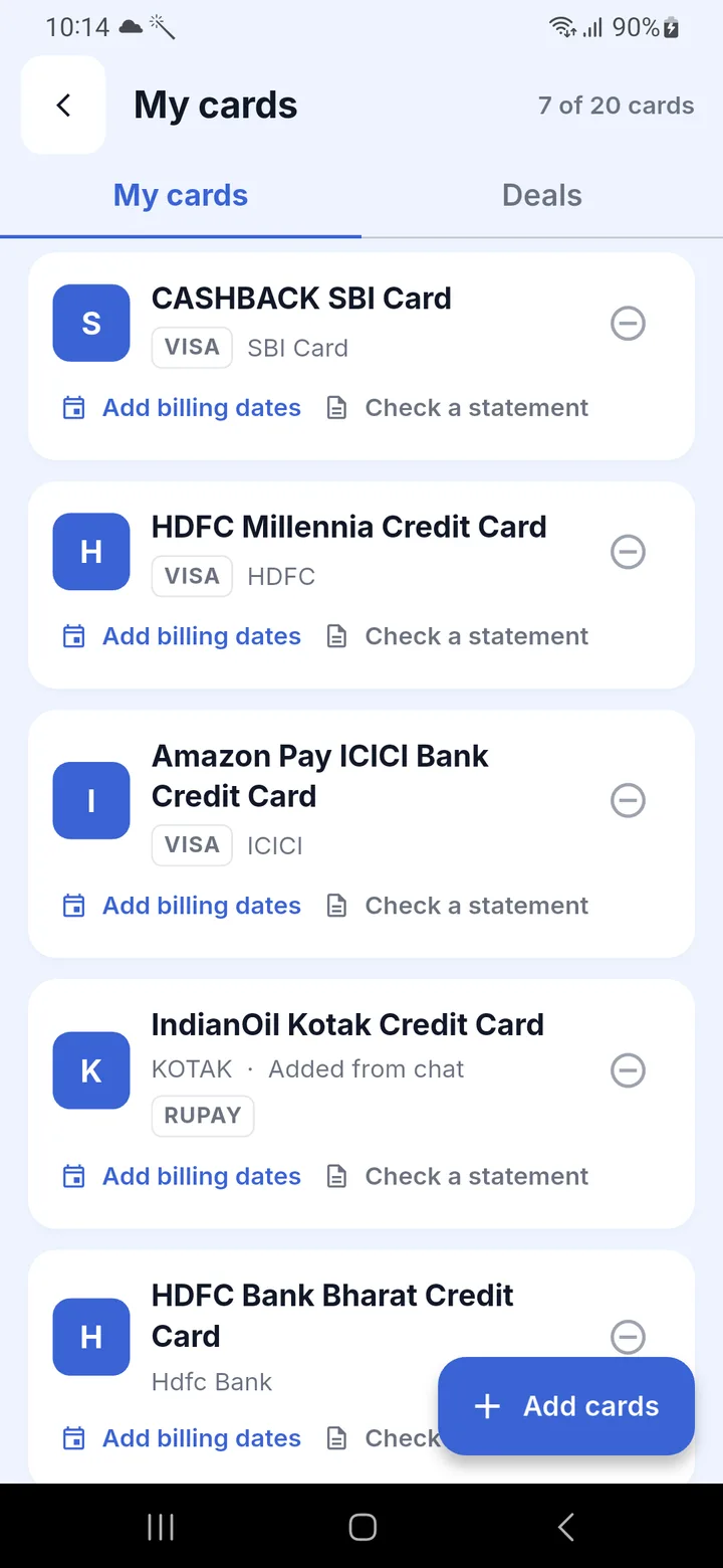 The My cards screen: saved credit cards, with billing dates and a statement check on each