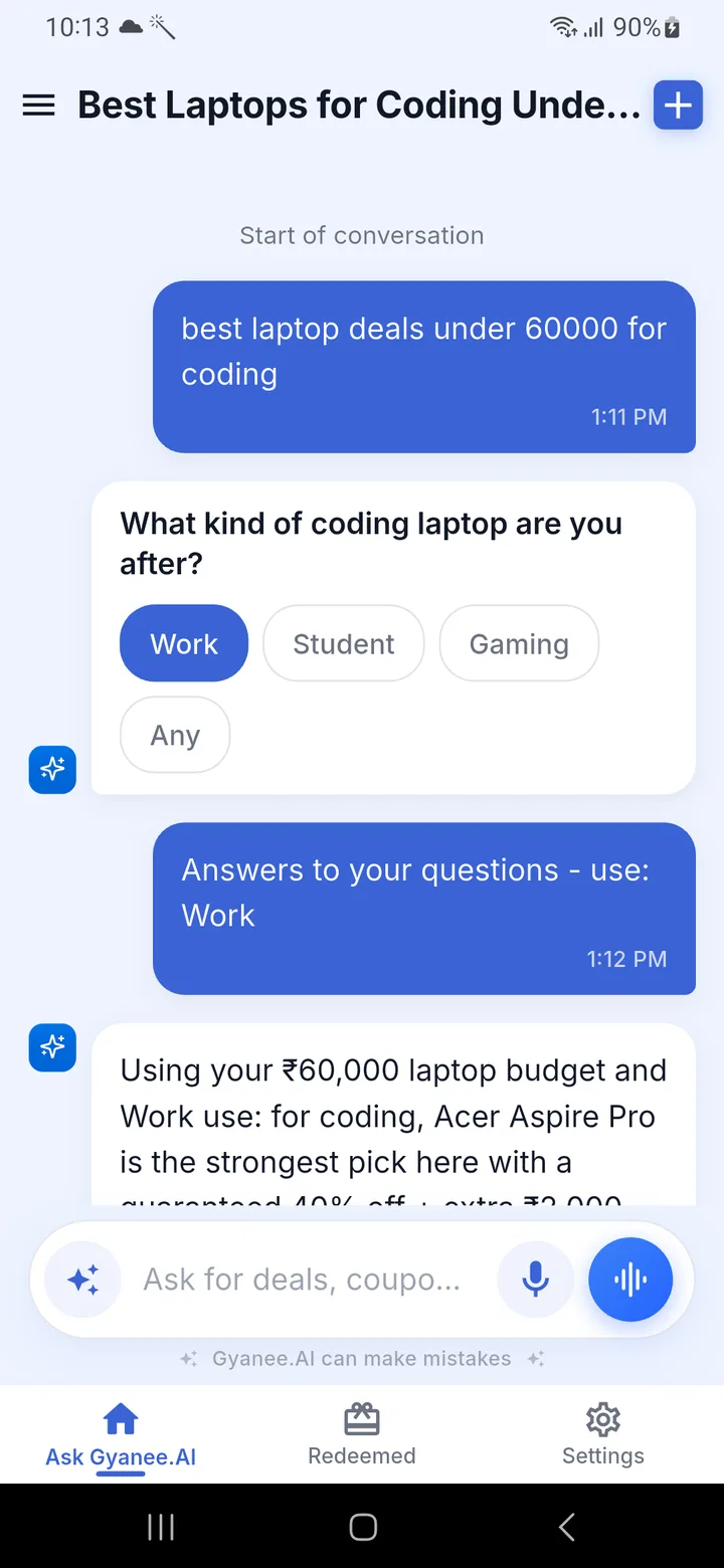 A Gyanee.ai chat for the best laptop deals under 60000 for coding, with the question "What kind of coding laptop are you after?" and the answers Work, Student, Gaming and Any