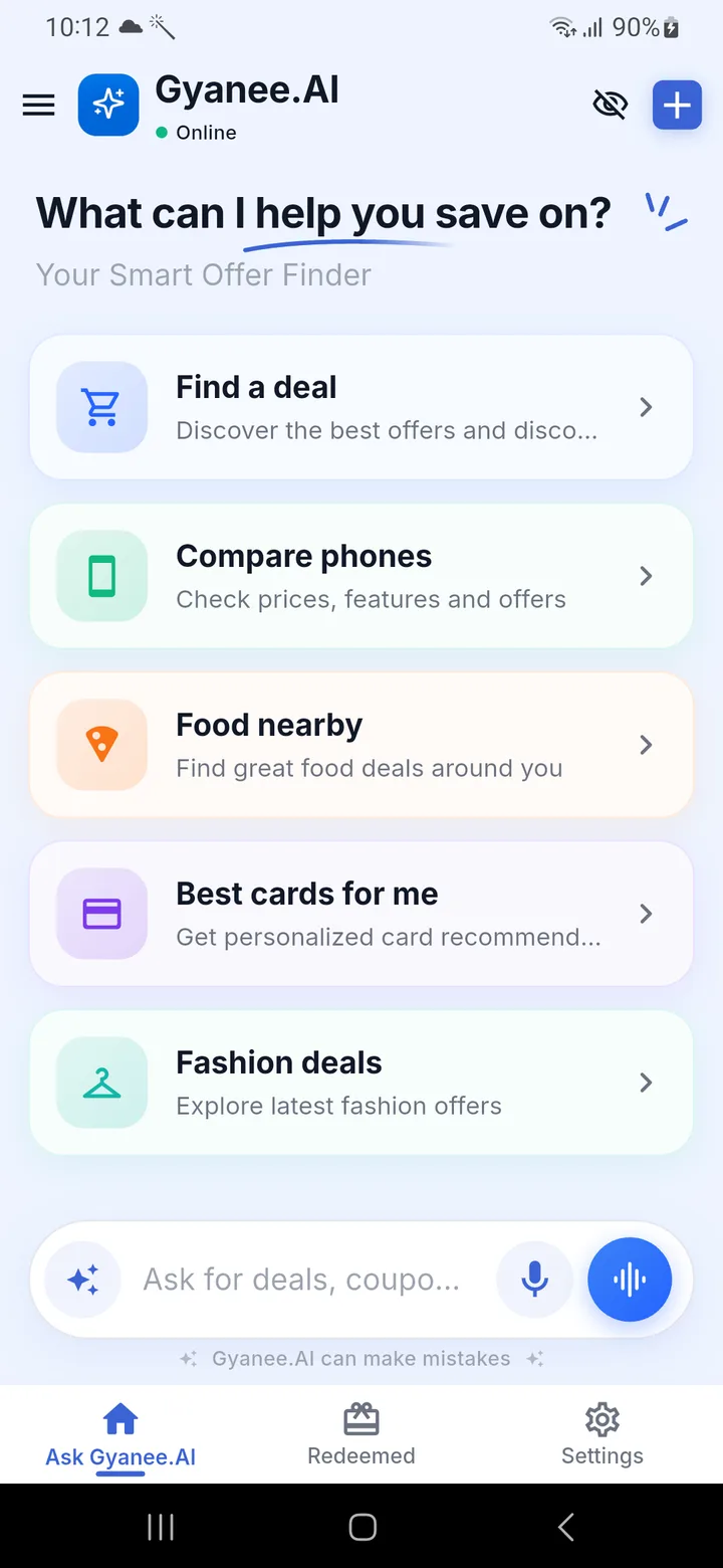 The Gyanee.ai quick prompts: Find a deal, Compare phones, Food nearby, Best cards for me and Fashion deals