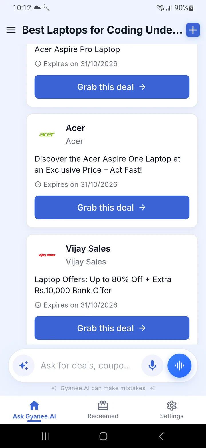 Deal cards in the Gyanee.ai chat: Acer and Vijay Sales offers with expiry dates and a Grab this deal button