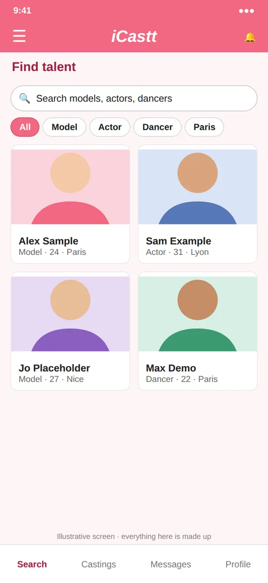 An illustrative iCastt talent search on a phone: a search box, filters and sample profiles