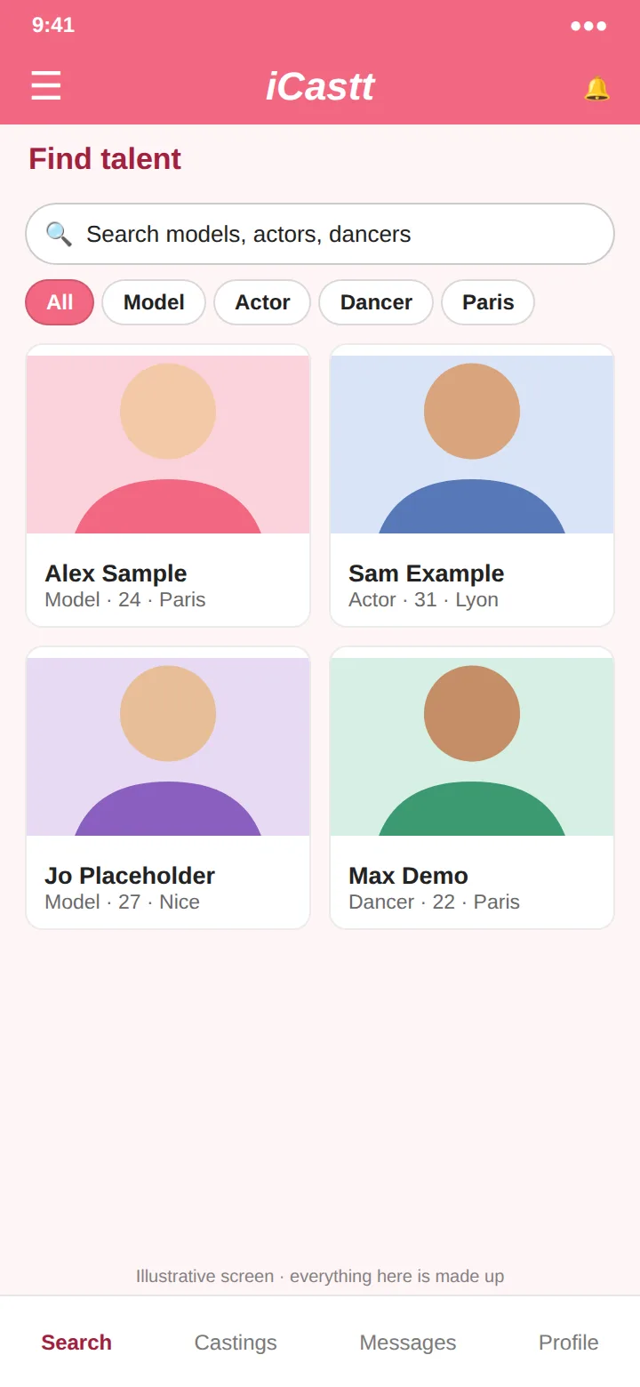 An illustrative talent search: a search box, filters and four sample profiles