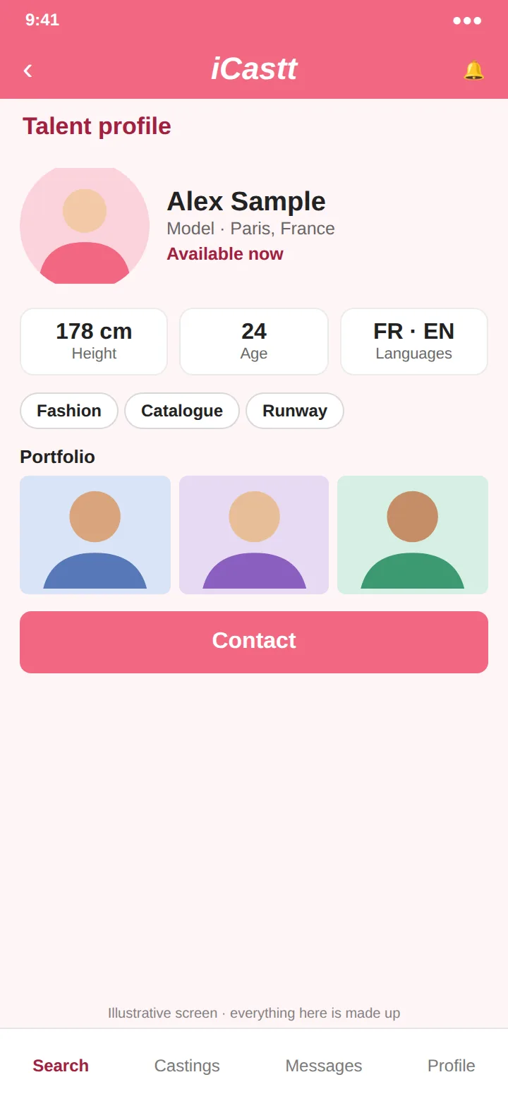 An illustrative model profile: a sample name, height and languages, tags, portfolio tiles and a Contact button