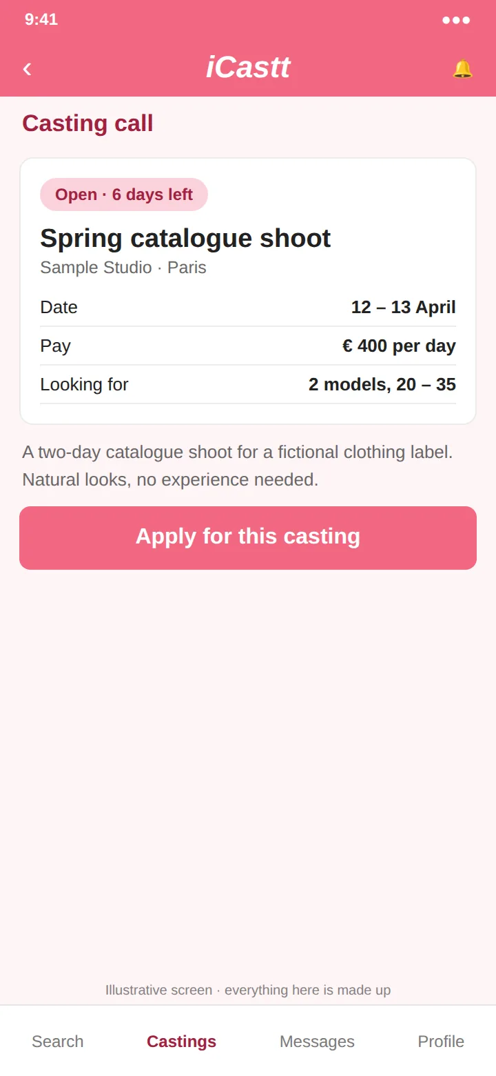 An illustrative casting call: a sample shoot with date, pay and requirements, and an Apply button