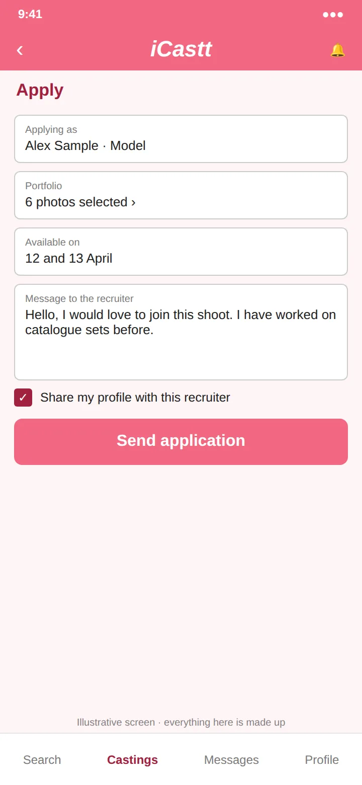 An illustrative apply screen: sample portfolio, availability and message, and a Send application button