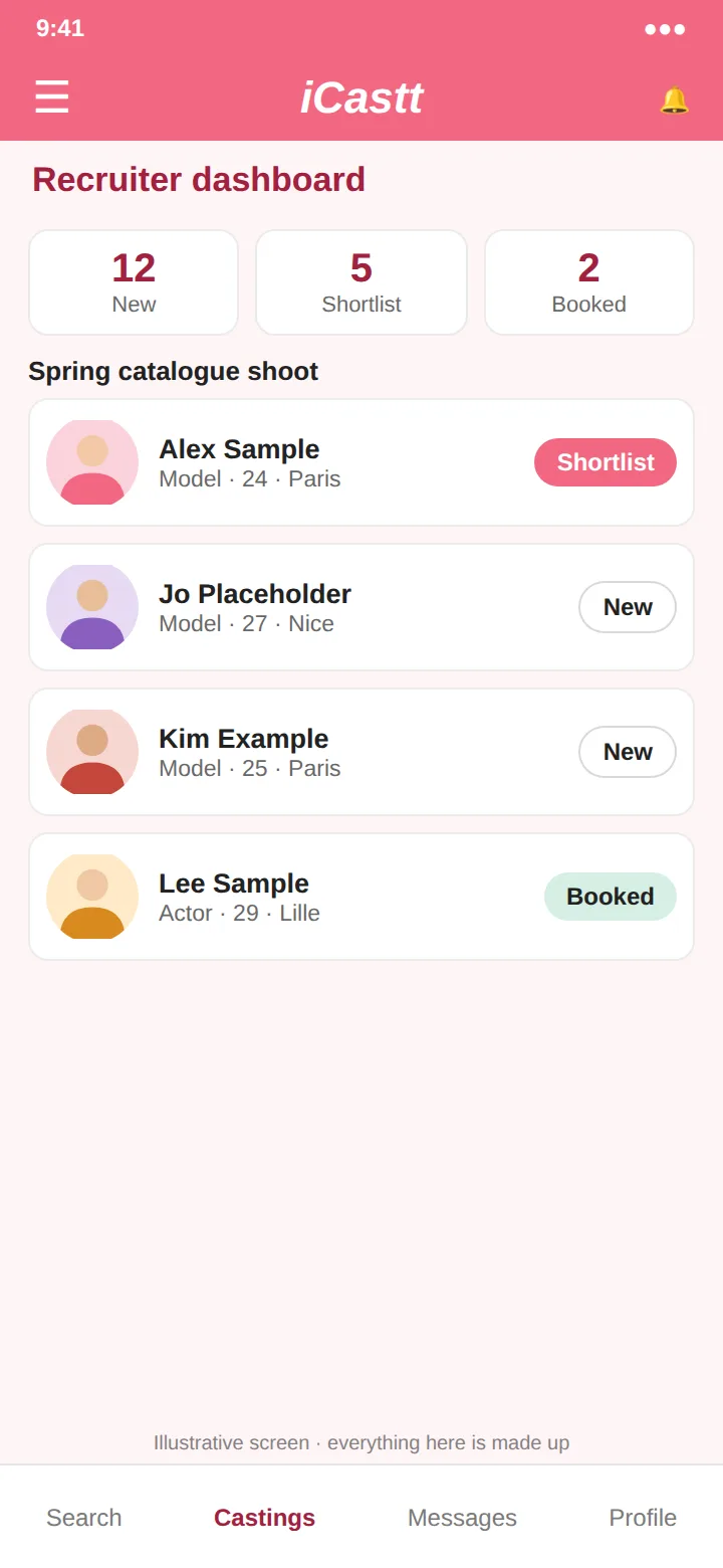 An illustrative recruiter dashboard: new, shortlisted and booked counts, and a list of sample applicants